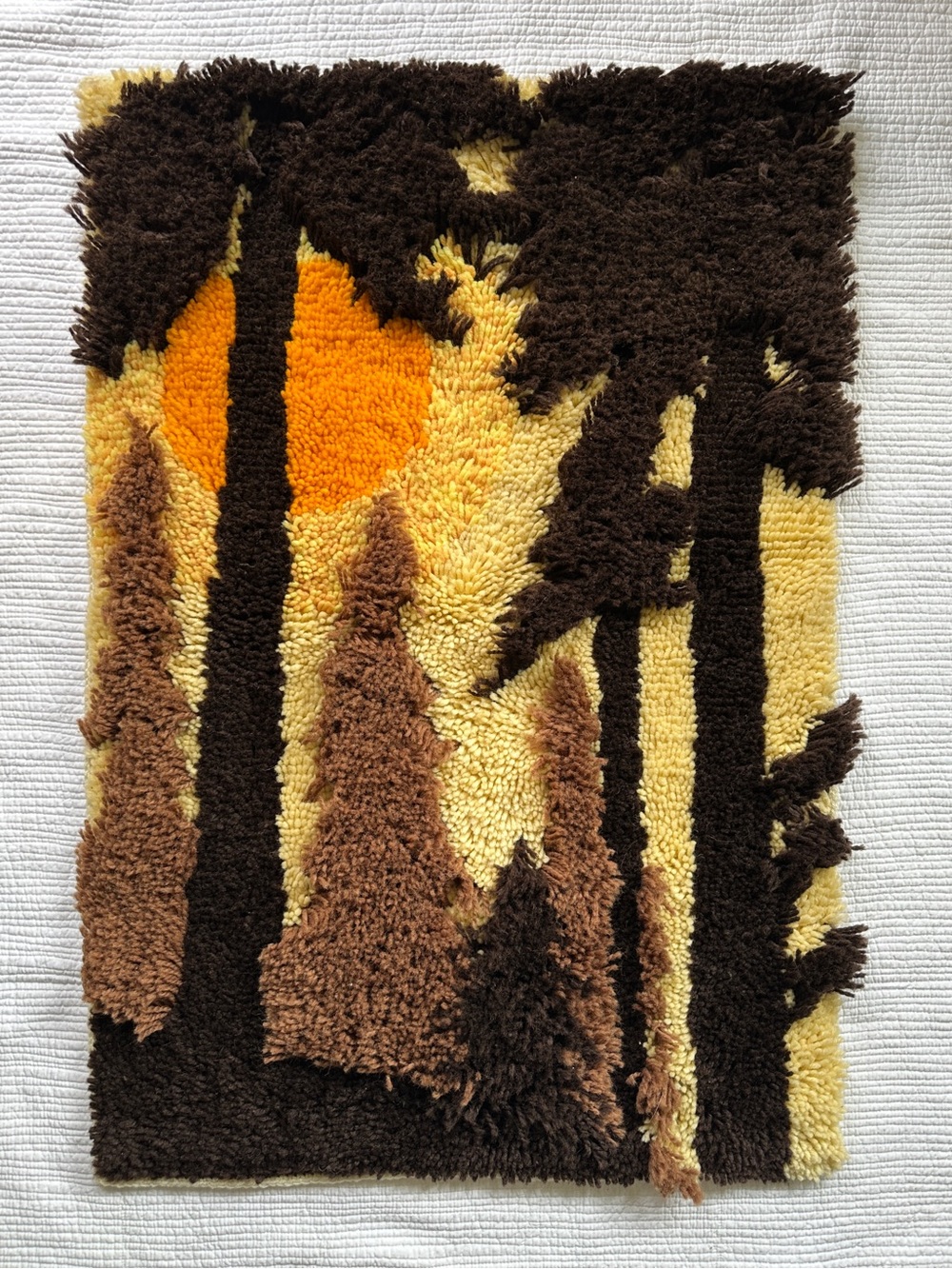 Vintage 70s Forest & Sunrise Tufted Rug Wall Hanging Textile Art Latch Hook